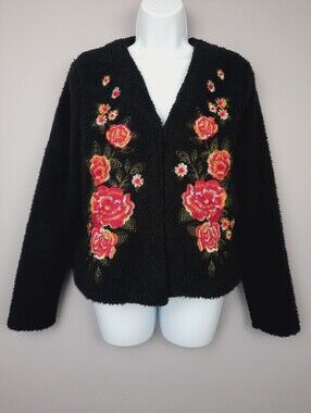 Savanna Jane Black Floral Rose Embroidered Teddy Sherpa Jacket Cardigan Small